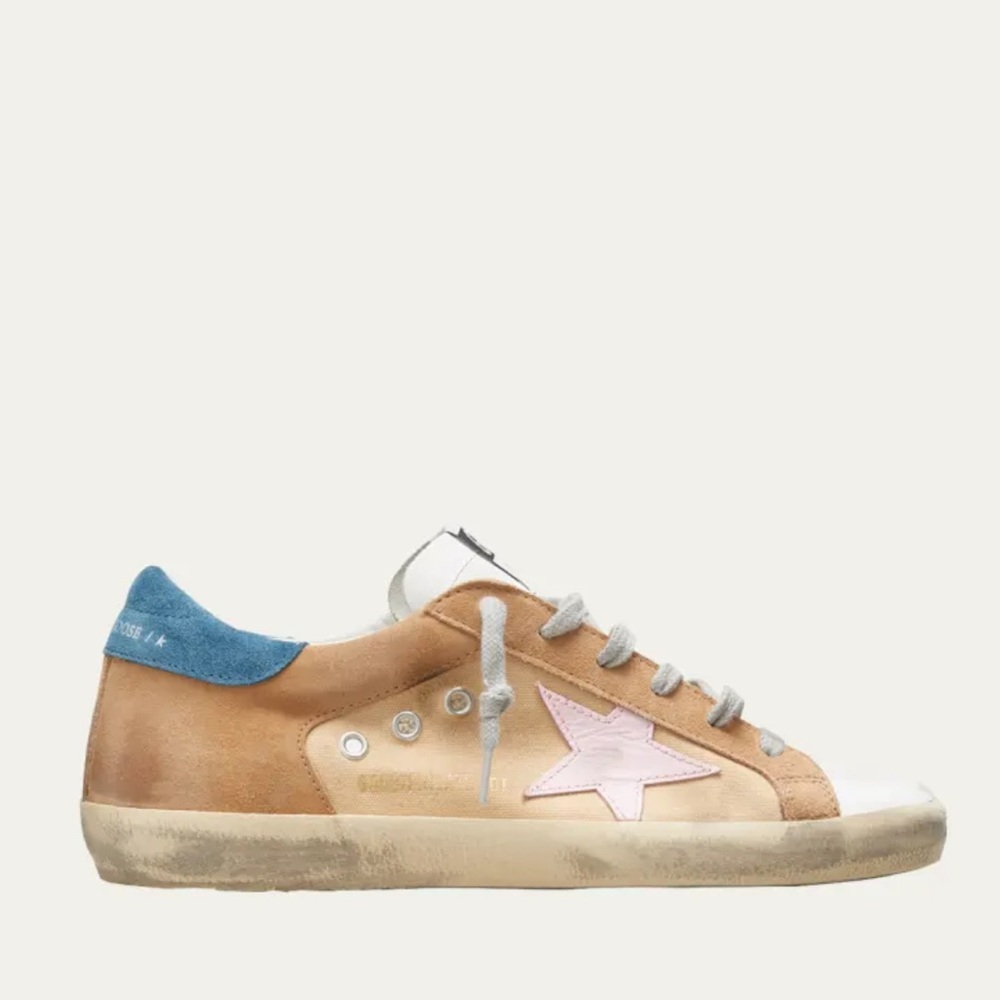 Golden Goose Blue Suede Canvas Leather Super-Star Sneaker Tan White Pink Star 🌟